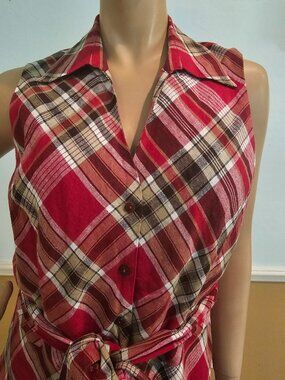 Jones New York Signature Plaid Linen Sleeveless Shirt Dress Size 14 Lined A line